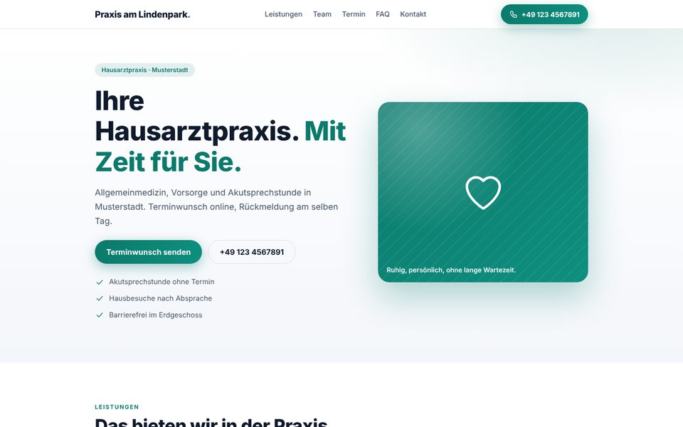 Beispielseite Praxis am Lindenpark, Startseite einer Hausarztpraxis