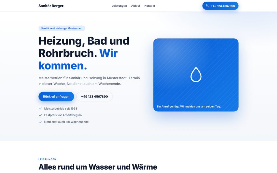 Beispielseite Sanitär Berger, Startseite eines Sanitärbetriebs